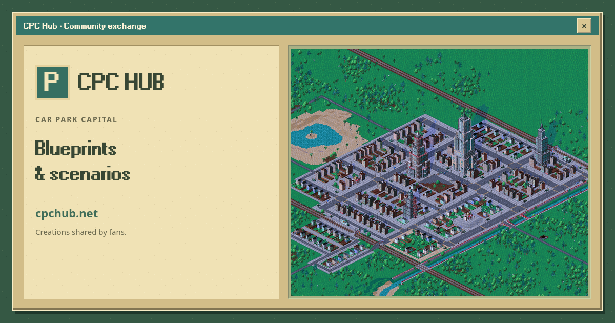 CPC Hub’s retro desktop artwork with a Car Park Capital city and parking lots.