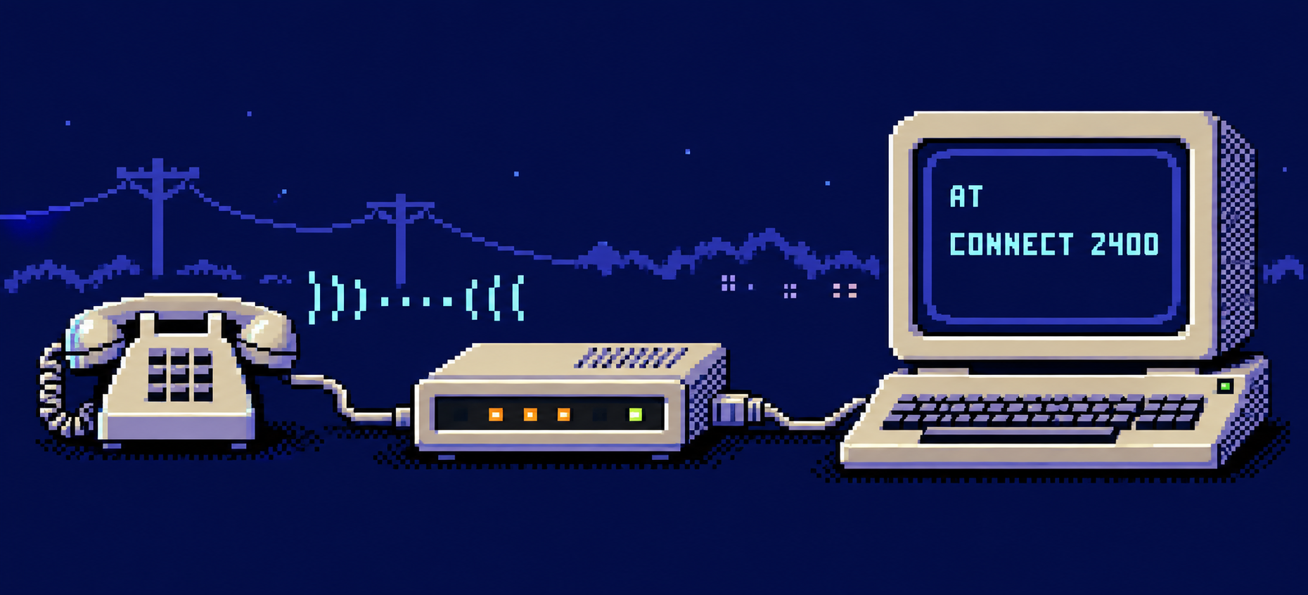 C64-style pixel art of a telephone, modem, and computer displaying AT and CONNECT 2400.